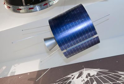 1:1 scale model of Intelsat I satellite on display in the Science Museum, London