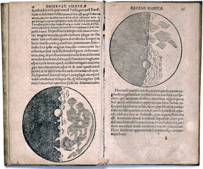 Pages from Galileo’s Sidereus Nuncius featuring detailed illustrations of the Moon